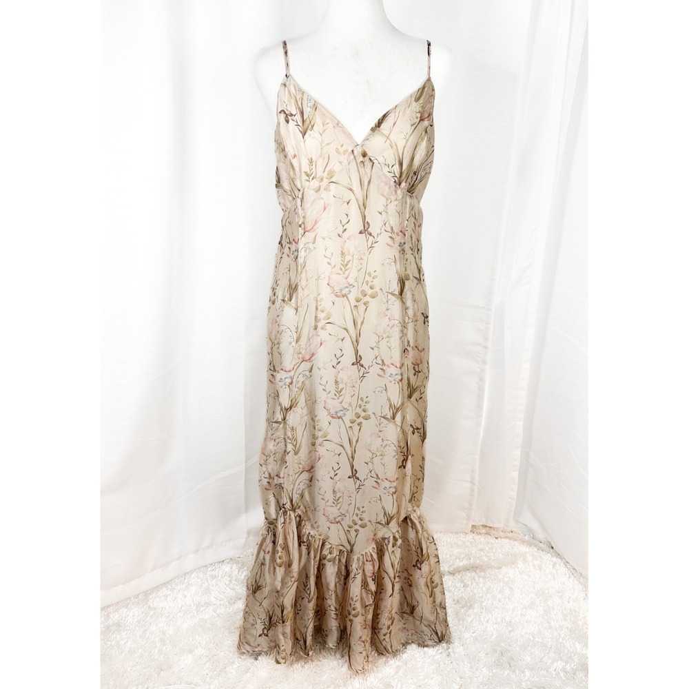 Storia Maxi Dress Womens Large Floral Spaghetti Strap Beige Boho Lined Sundress